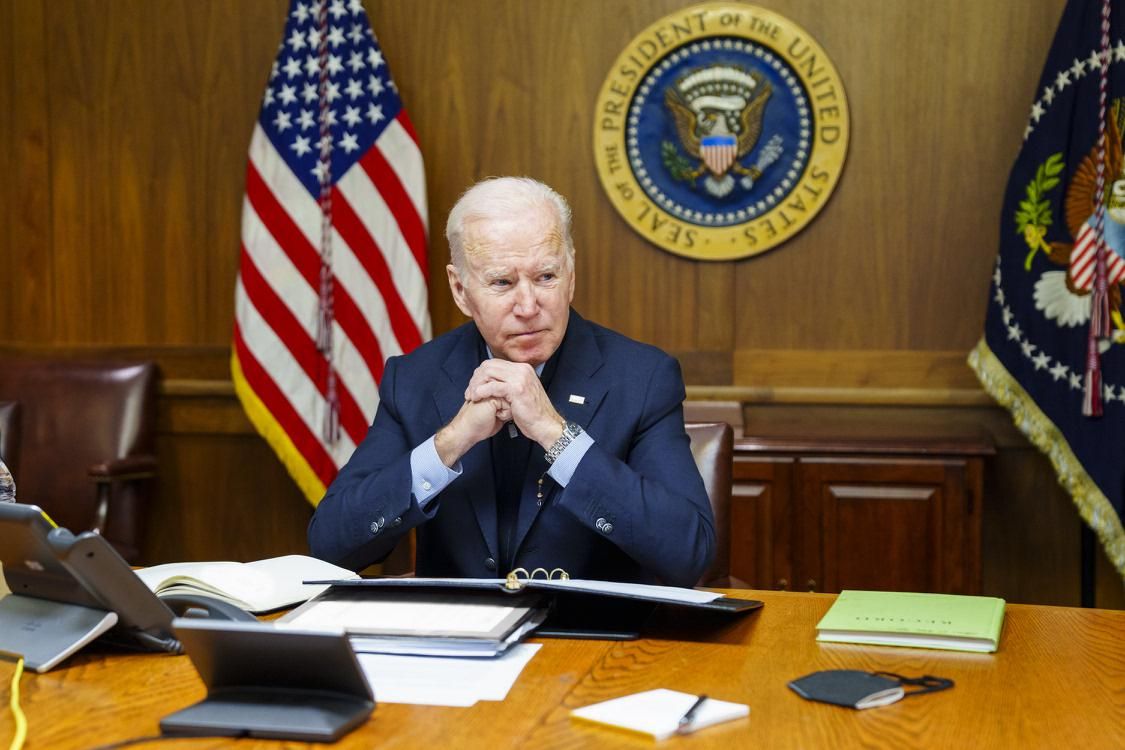 This image provided by The White House via Twitter shows President Joe Biden at Camp David, Md., Saturday, Feb. 12, 2022.