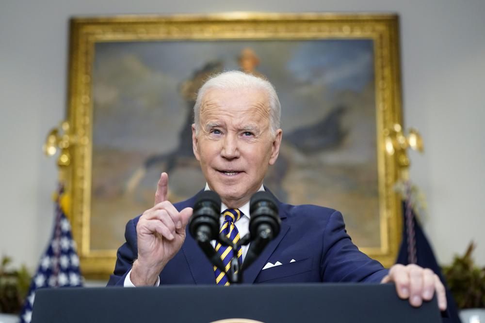 President Joe Biden announces a ban on Russian oil imports, toughening the toll on Russia's economy in retaliation for its invasion of Ukraine, Tuesday, March 8, 2022, in the Roosevelt Room at the White House in Washington.