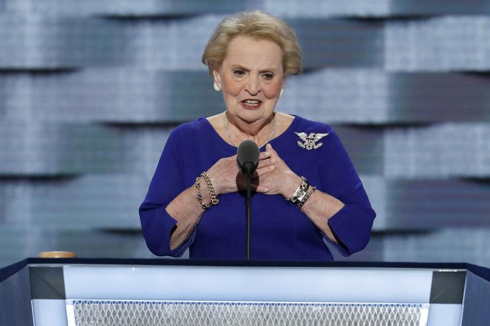 Former Secretary of State Madeleine Albright speaks during the second day of the Democratic National Convention in Philadelphia, July 26, 2016. Albright has died of cancer, her family said Wednesday, March 23, 2022.