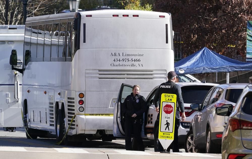 Police investigators work around a bus which is believed to be the site of an overnight shooting on the grounds of the University of Virginia Monday, Nov. 14, 2022 in Charlottesville, Va.