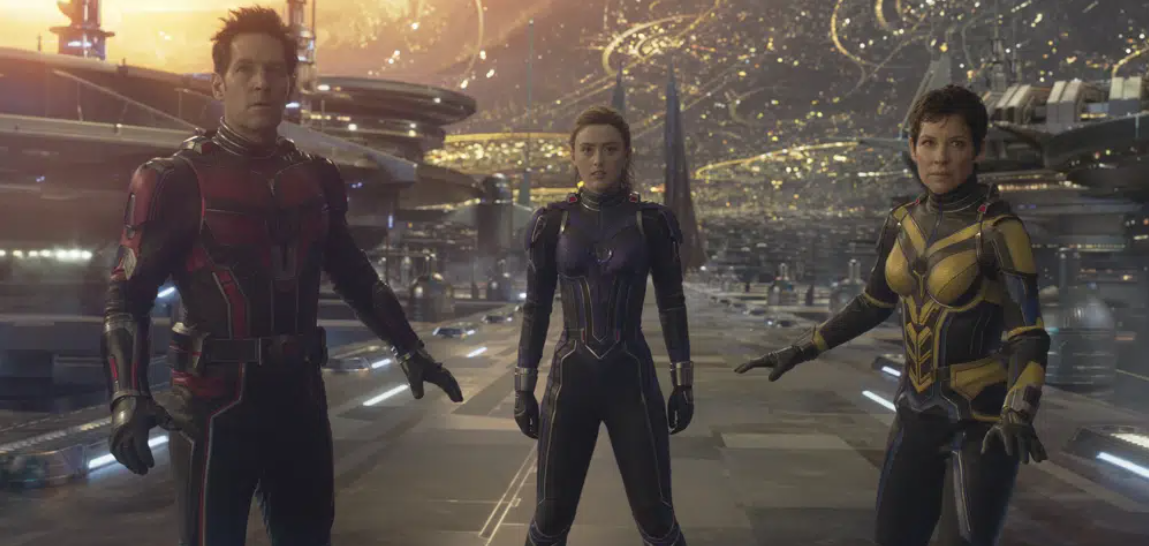 This image released by Disney shows Paul Rudd, from left, Kathryn Newton and Evangeline Lilly in a scene from "Ant-Man and the Wasp: Quantumania."