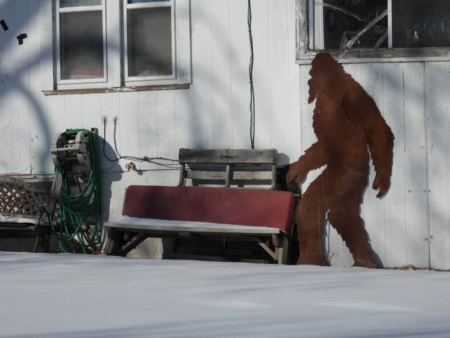 The metal art piece, found at the home of Kay Kemmerer in Oakland, Nebraska, would signify Bigfoot in most American towns.