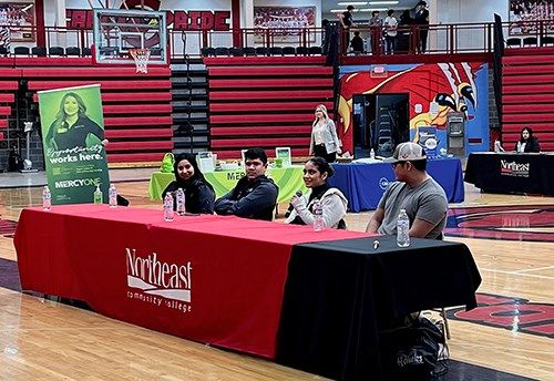 Northeast Community College students address area high school students during the College’s Latino Youth Summit recently at South Sioux City High School.