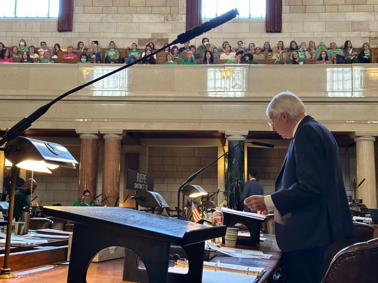 State Sen. Merv Riepe of Omaha discusses his amendment for Legislative Bill 626 that would’ve shifted it from cardiac activity to a 12-week ban.