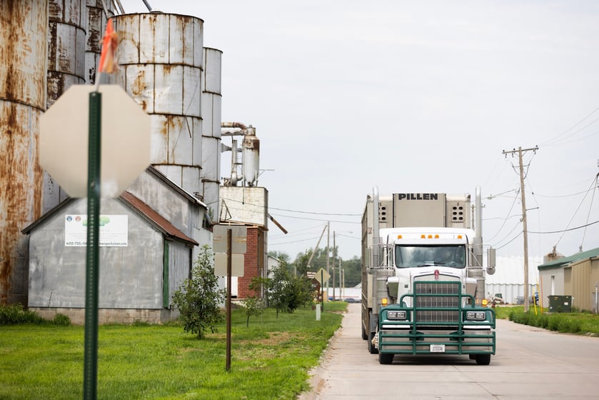 A Pillen livestock truck travels near Wholestone Farms, which is also partly owned by Nebraska Gov. Jim Pillen and his family, in Fremont on Wednesday, July 19, 2023.