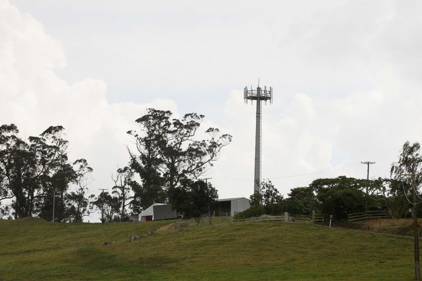 An ultra fast broadband tower is seen on a rural farm.