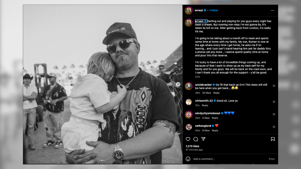 Ernest's social media post cancelling shows for the next month to prioritize family.