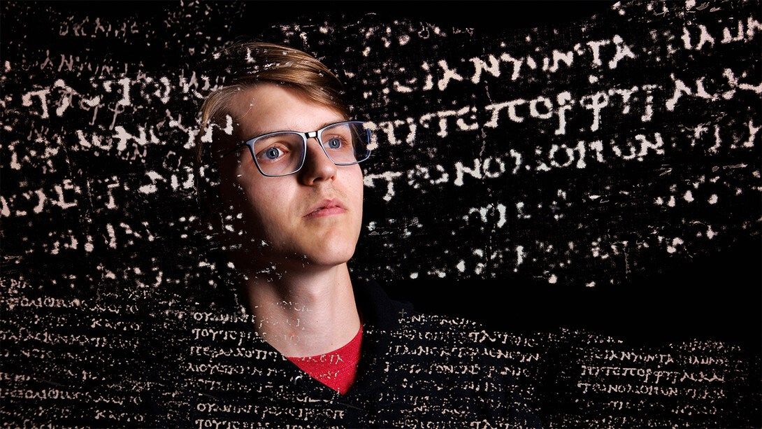 Luke Farritor with superimposed Greek text from a nearly 2,000-year-old scroll that his work helped decipher through the Vesuvius Challenge. Winning the challenge catapulted his career forward, ultimately pairing him with Elon Musk.