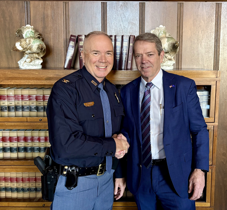 Colonel John Bolduc, superintendent of the Nebraska State Patrol and Gov. Jim Pillen