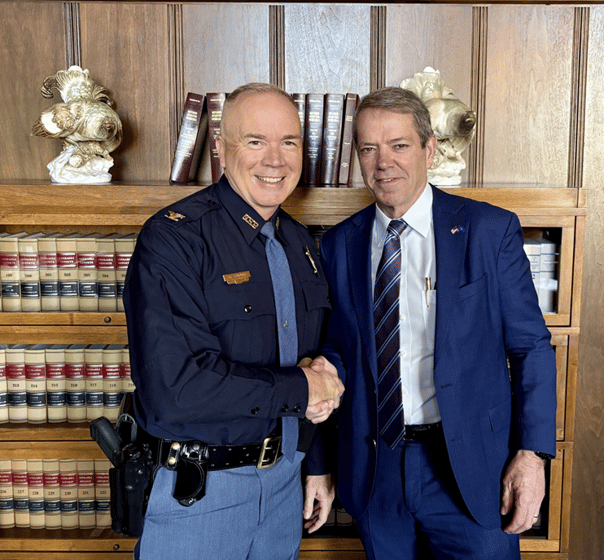 Colonel John Bolduc, superintendent of the Nebraska State Patrol and Gov. Jim Pillen