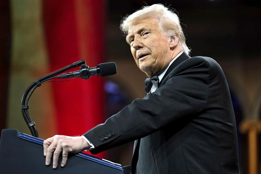 President Donald Trump speaks at the National Republican Congressional Committee (NRCC) dinner at the National Building Museum in Washington, Tuesday, April 8, 2025. (Pool via AP)