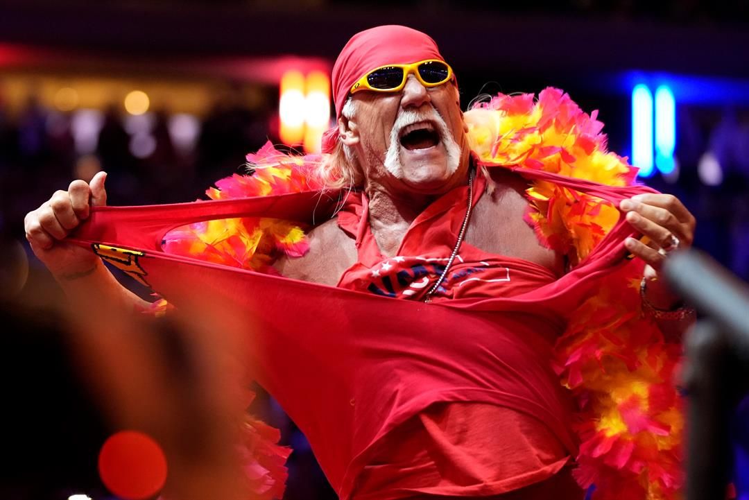 FILE - Hulk Hogan rips his shirt before Republican presidential nominee former President Donald Trump speaks at a campaign rally at Madison Square Garden, Oct. 27, 2024, in New York. (AP Photo/Alex Brandon, File)