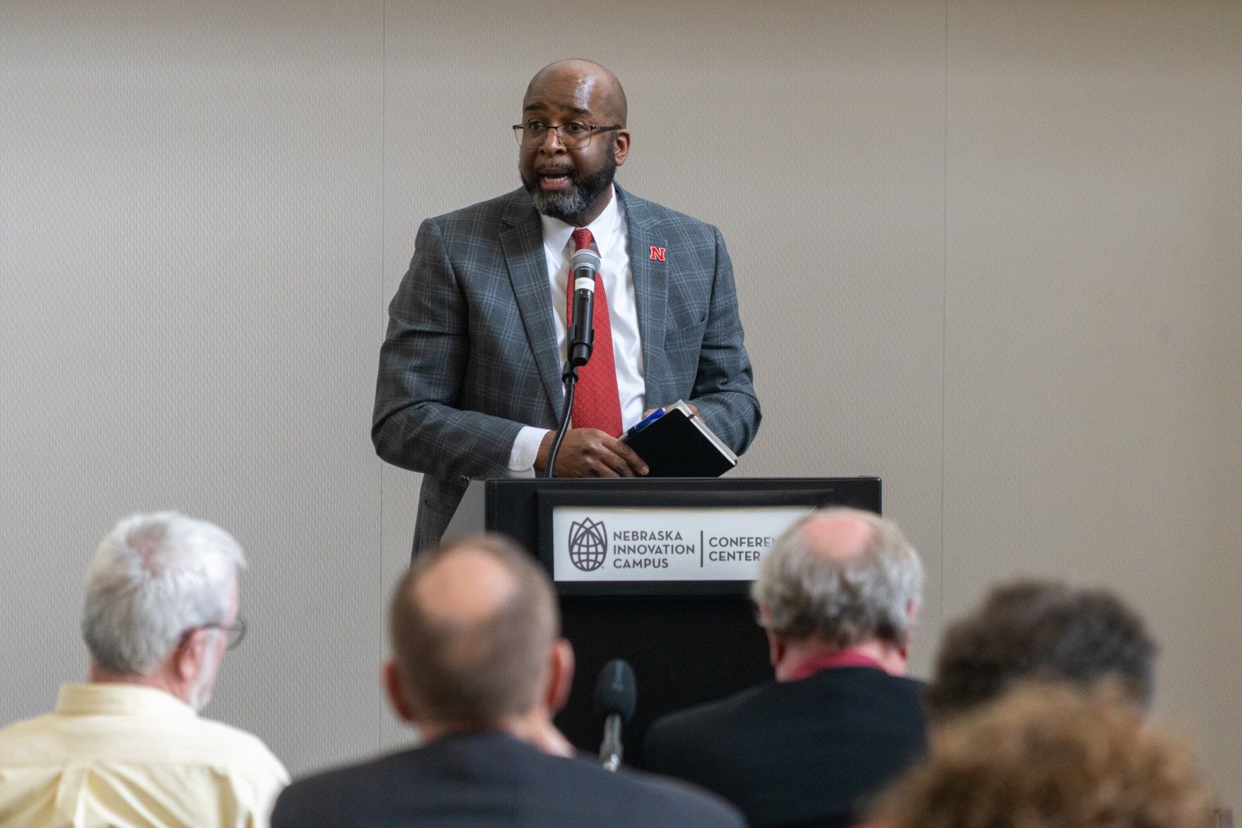 University of Nebraska-Lincoln Chancellor Rodney Bennett speaks to Nebraska lawmakers on his campus. Dec. 7, 2023. (Zach Wendling/Nebraska Examiner)